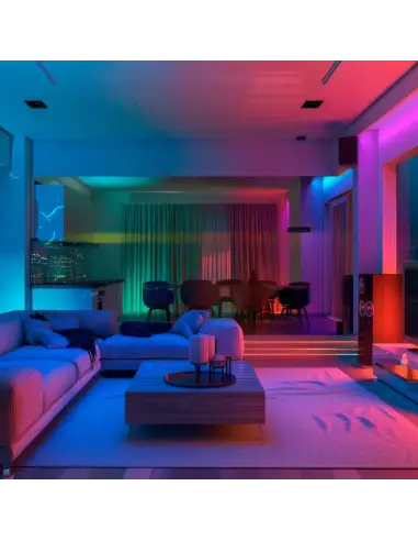 Lámpara DIcorica LED 7W iluminando living con colores RGB Lion
