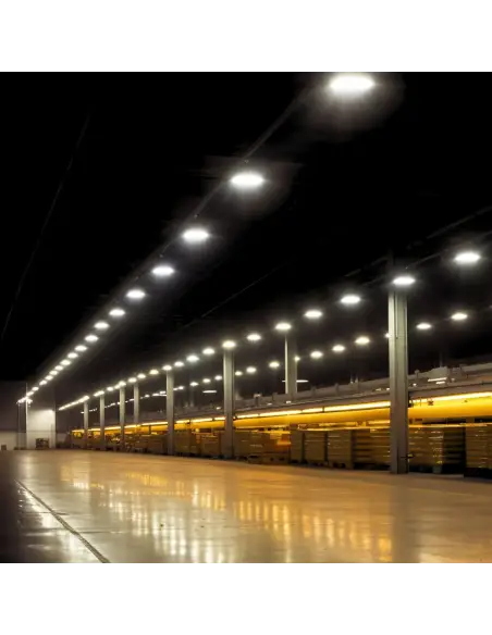 Campana UFO LED 100W instalada en depósito industrial LightLion