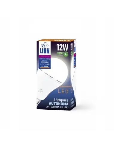 Caja Bulbo LED autónomo 12W batería litio anti corte Lion Argentina- luz cálida