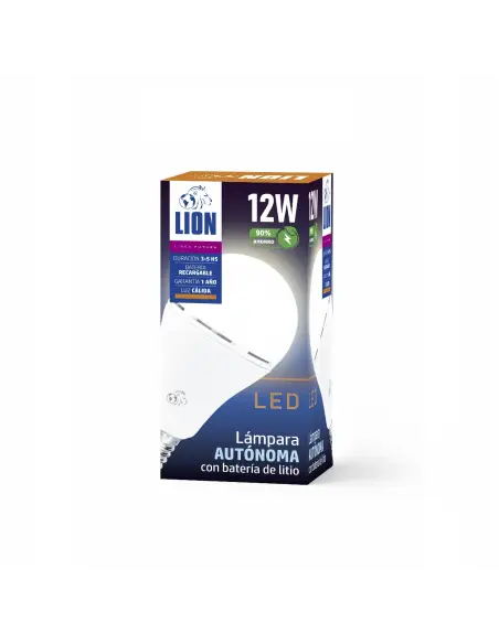 Caja Bulbo LED autónomo 12W batería litio anti corte Lion Argentina- luz cálida