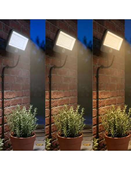 Reflector LED 100W instalado en exterior jardín Lion
