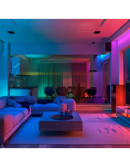 Lámpara Smart LED 12W iluminando living con colores RGB Lion