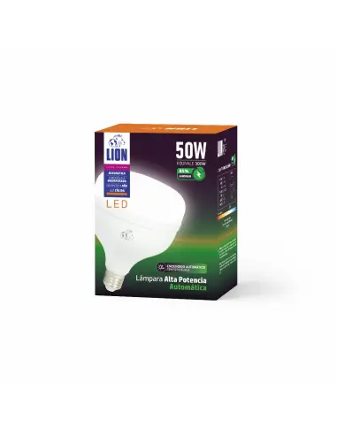 Caja Alta potencia LED automático 50W fotocélula luz calida E27 Lion