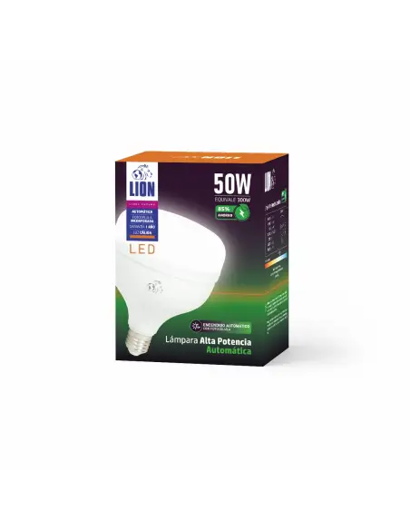 Caja Alta potencia LED automático 50W fotocélula luz calida E27 Lion