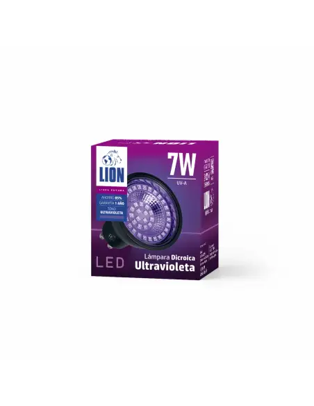 Caja Dicroica UV LED 07W GU10 efectos especiales Lion Argentina