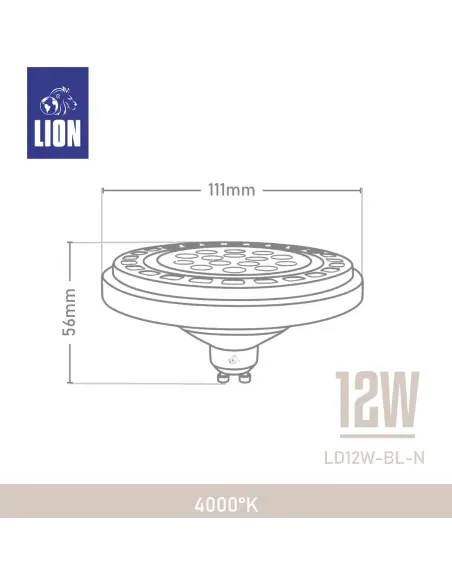 Lámpara LED AR111 12W - Luz Neutra, Base negra GU10 | Lion