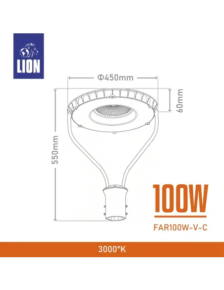 Farola LED 100W de Alto Rendimiento para Alumbrado Urbano- luz cálida | Lion