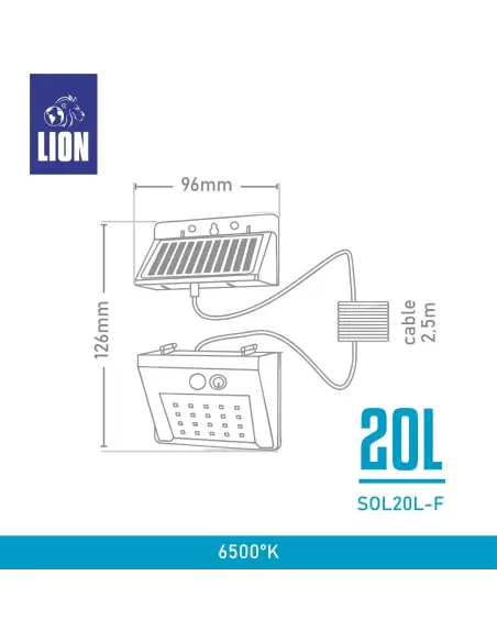 Dimensiones aplique solar divisible de 20LED frio.